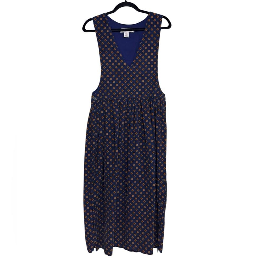 Vintage 90s 100% Cotton Navy Gold Printed Corduroy Pinafore Midi Dress - Size 10